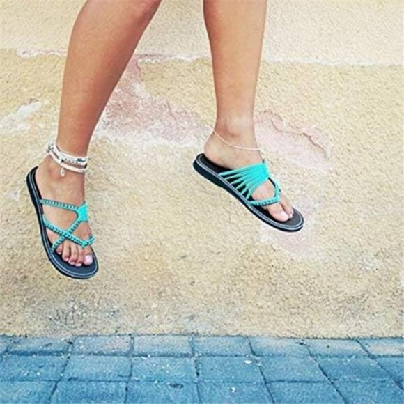 Women Women Flat Sandals Flip Flops Woven Strappy Beach Shoes Summer Travel Slides